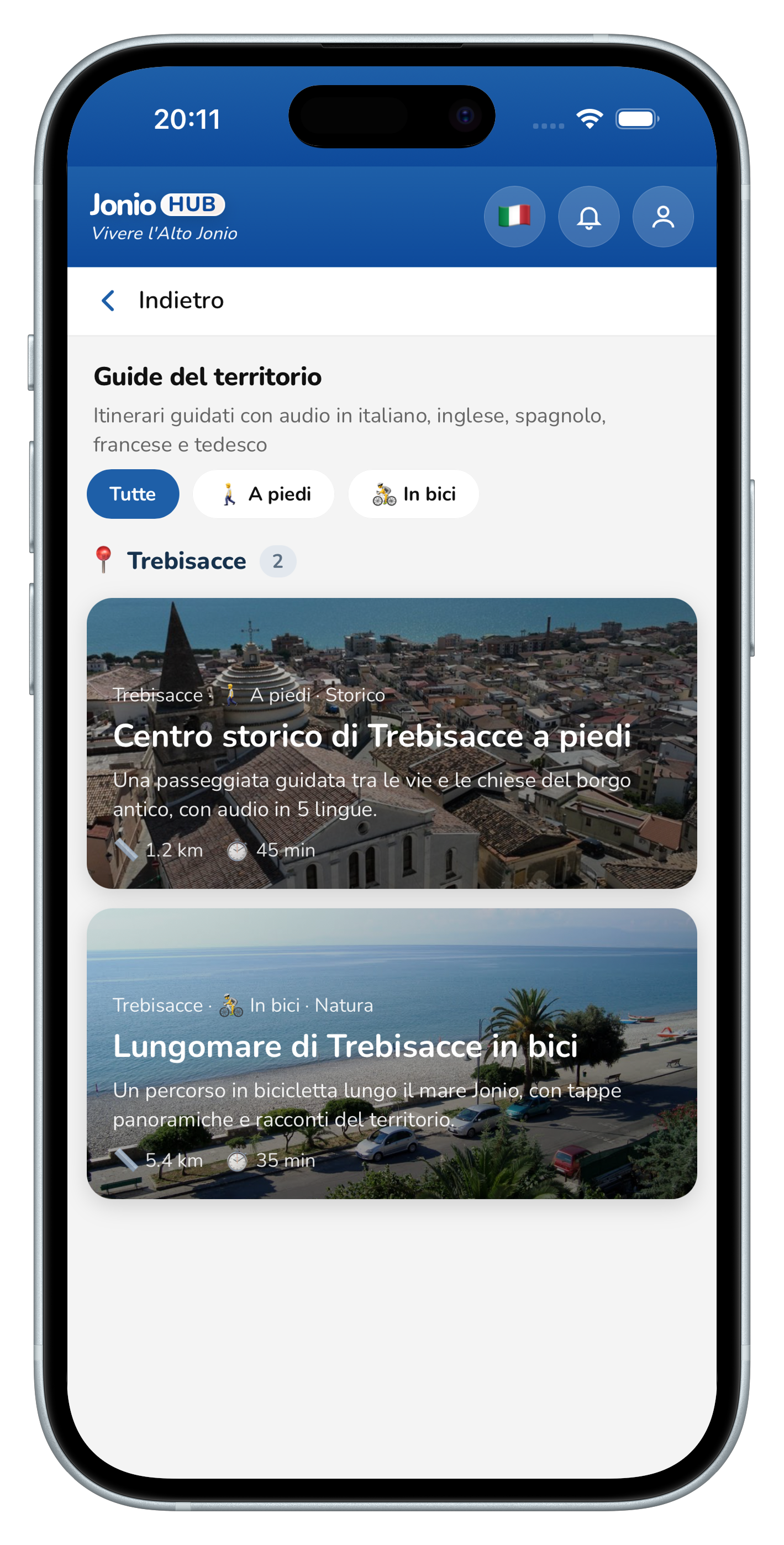 Schermata guide del territorio nell'app JonioHUB
