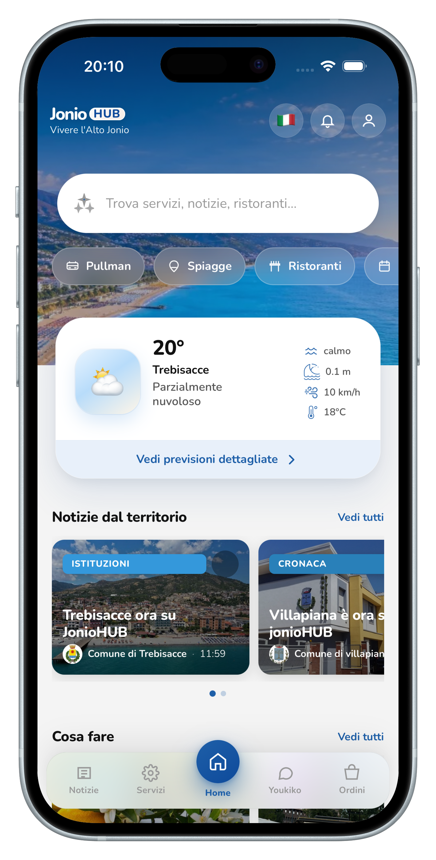 Schermata home dell'app JonioHUB