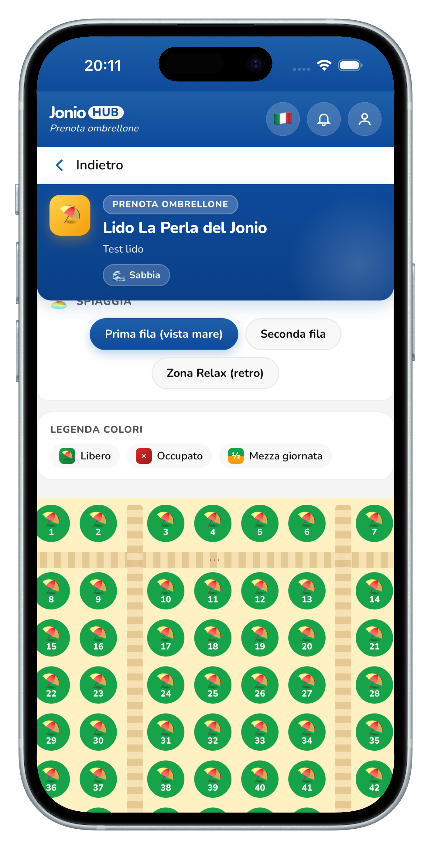 Schermata prenotazione nell'app JonioHUB