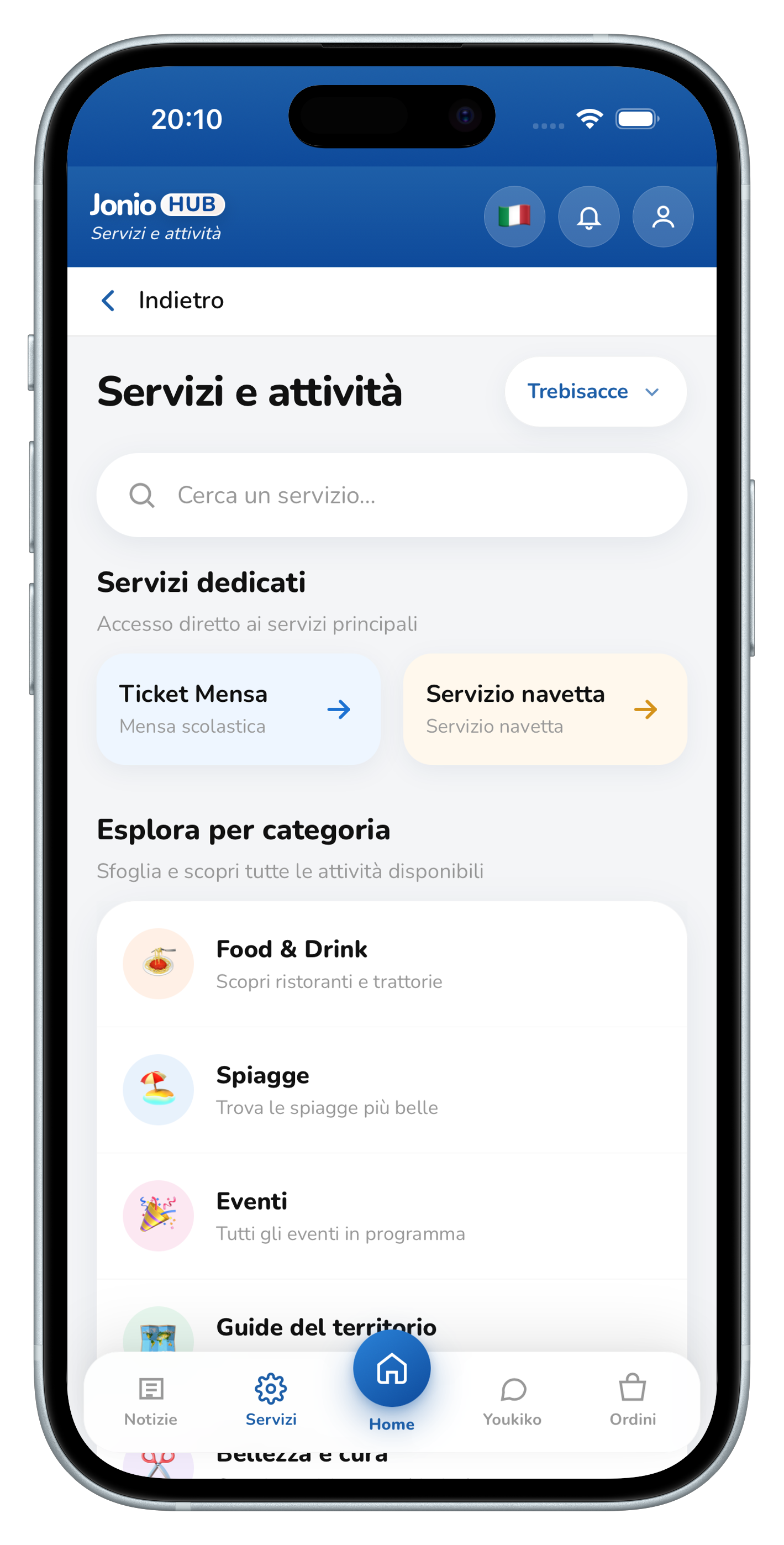 Schermata servizi nell'app JonioHUB