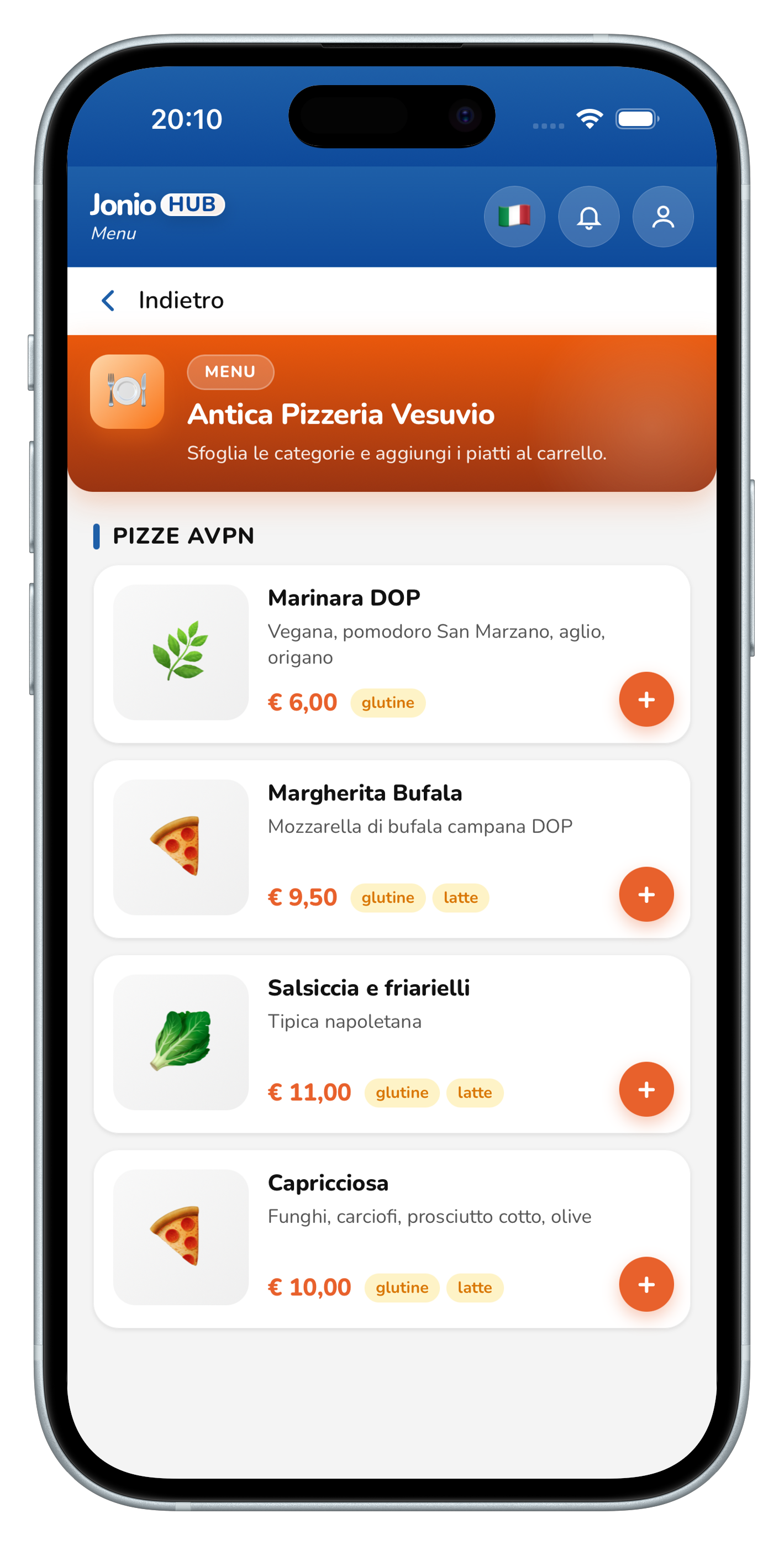 Schermata menu nell'app JonioHUB
